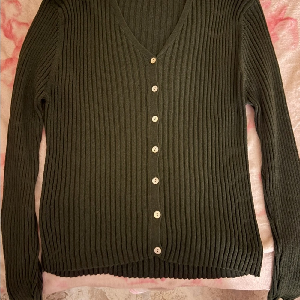 Dark Green Ribbed Button Down Cardigan